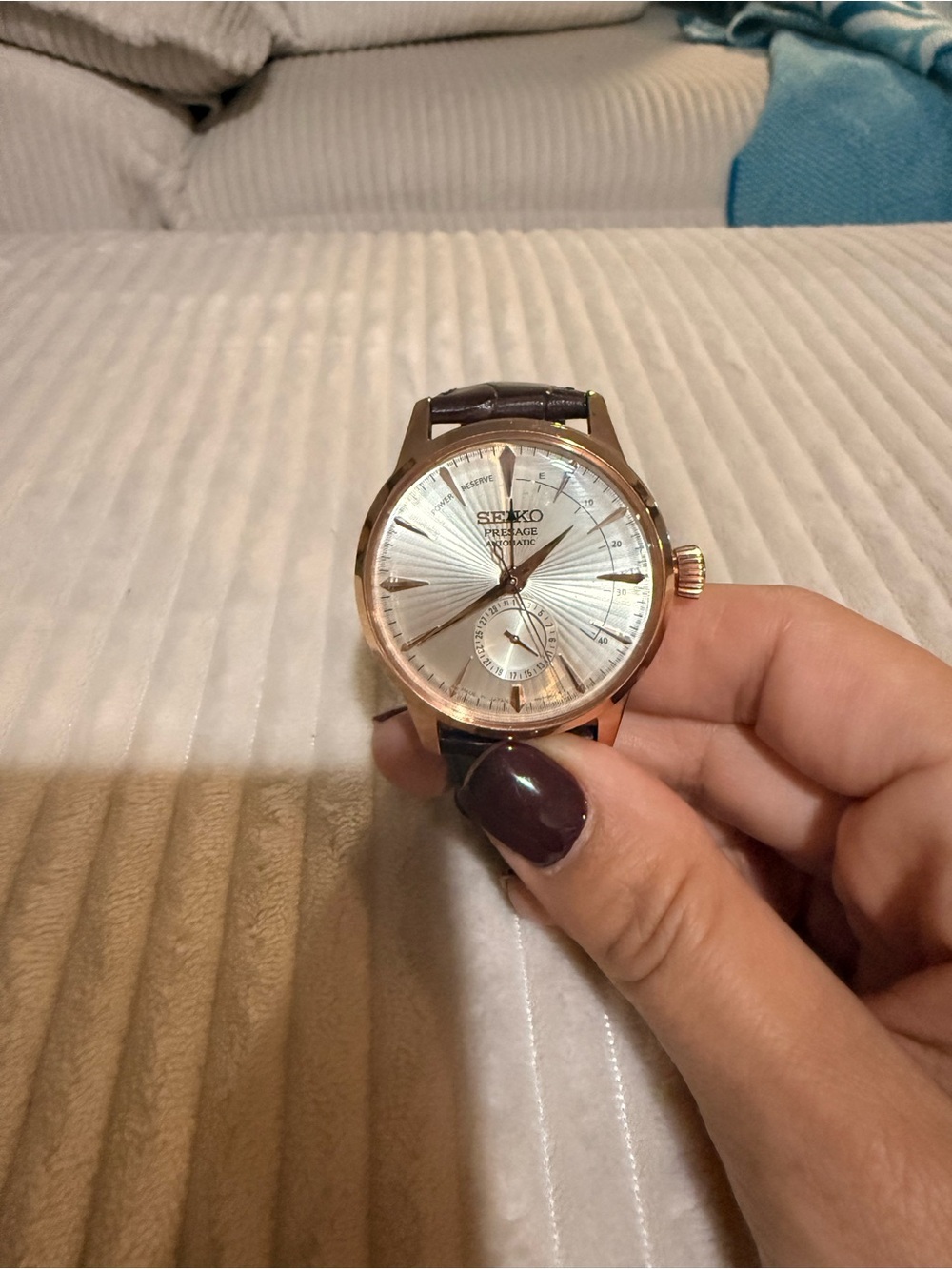 Seiko Presage Rose Gold Case Silver Dial Brown Leather Strap Watch